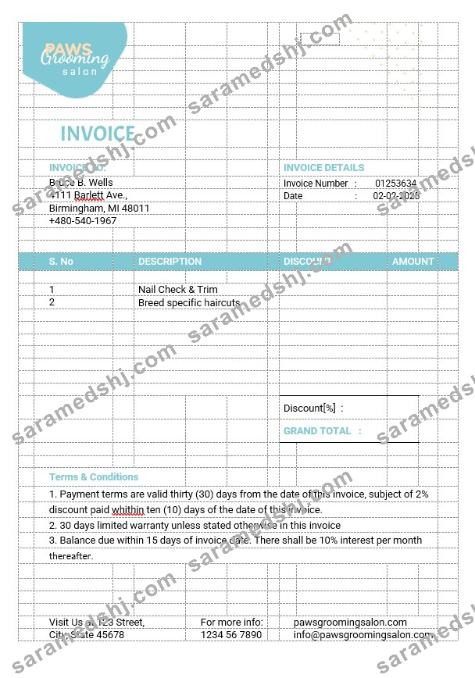 Pet Grooming Invoice Template